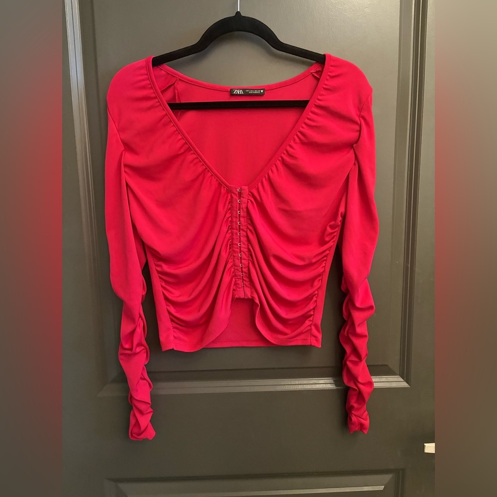 Zara hot pink cropped ruched blouse large